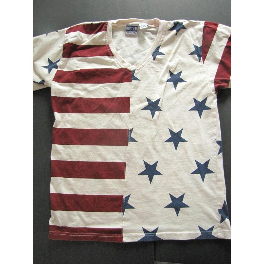 Vintage County Seat Shirt Mens Large USA Flag Stars Stripes V Neck Patriotic Tee